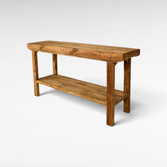Chora Barefoot Luxury Living natural solid wood console table with lower display shelf and rustic grain finish.