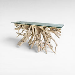 BLEACHED TEAK CONSOLE WITH GLASS 155x45x80cm - Chora Mykonos