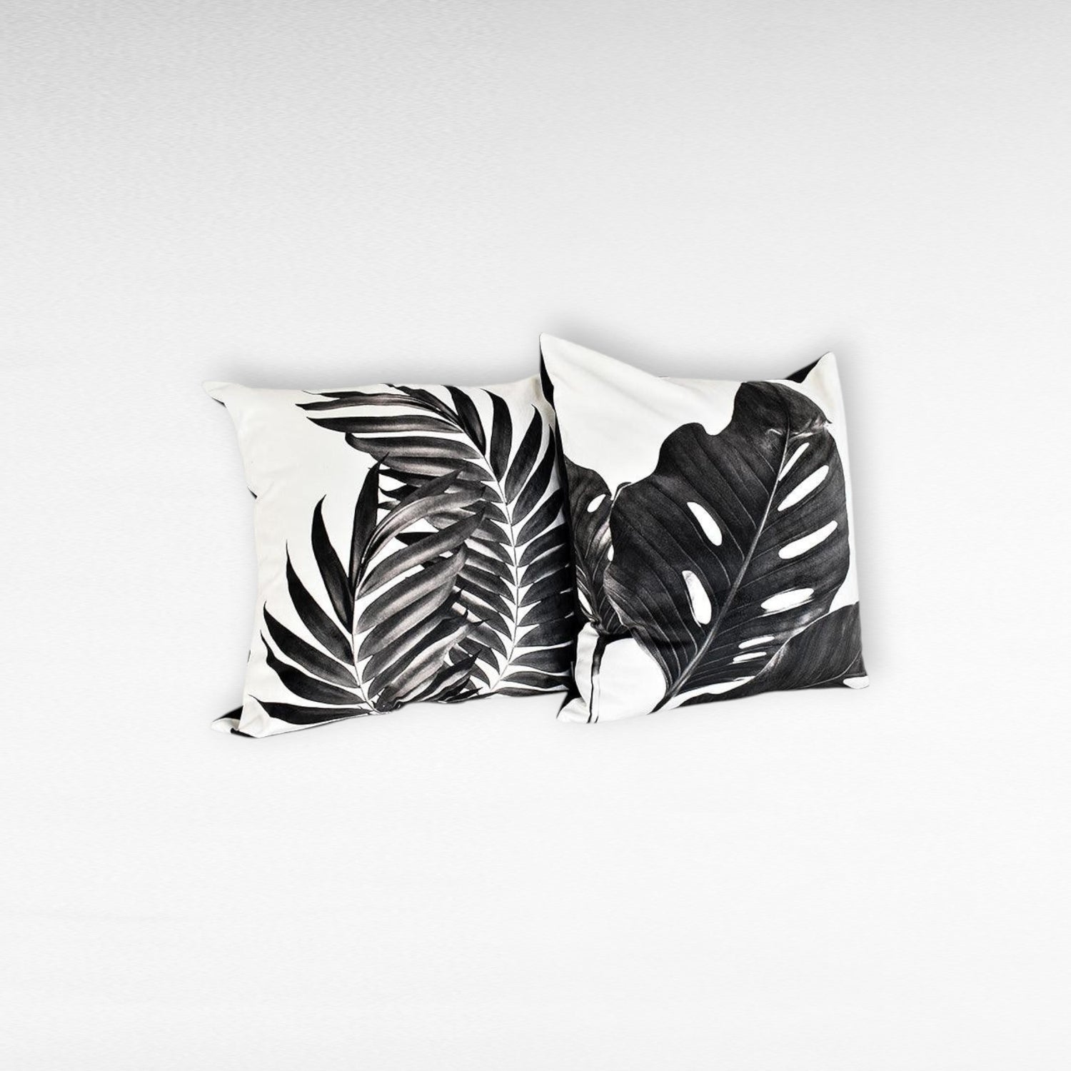 BLACK & WHITE SHAVED VELVET PILLOW WITH BLACK TROPICAL PRINT - Chora Mykonos