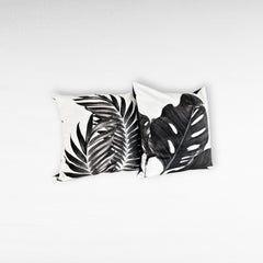 BLACK & WHITE SHAVED VELVET PILLOW WITH BLACK TROPICAL PRINT - Chora Mykonos