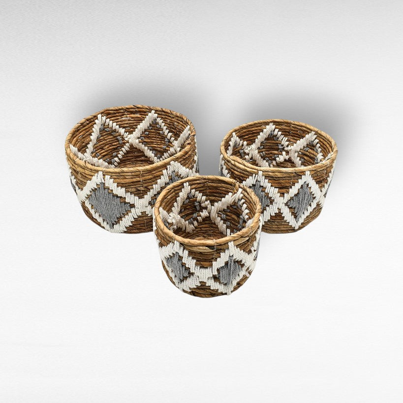 BANANA LEAF & MACRAME SET OF 3 - NATURAL GREY WHITE