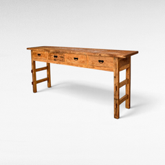 Chora Barefoot Luxury Living rustic reclaimed teak wood console table with four drawers and natural grain finish
