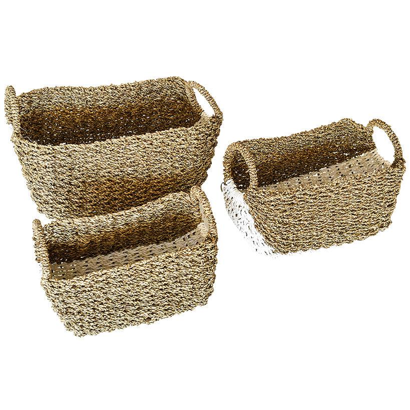 SYNTHETIC RATTAN RECTANGLE BASKET WITH WHITE DETAILS SET OF 3 - Chora Mykonos