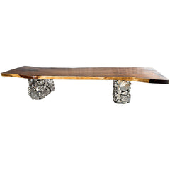 DINING TABLE SUAR WOOD WITH BRASS LEG NATURAL & SILVER 470x140x90 - Chora Mykonos