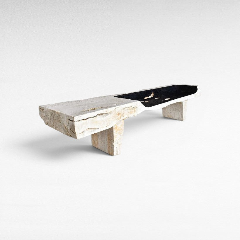 BLEACHED WITH BLACK SEAT TEAK WOOD BENCH - Chora Mykonos