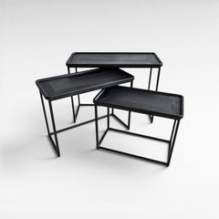 IRON/LEATHER NESTING TABLE SET OF 3 IN BLACK FINISH 82x60x60cm - Chora Mykonos