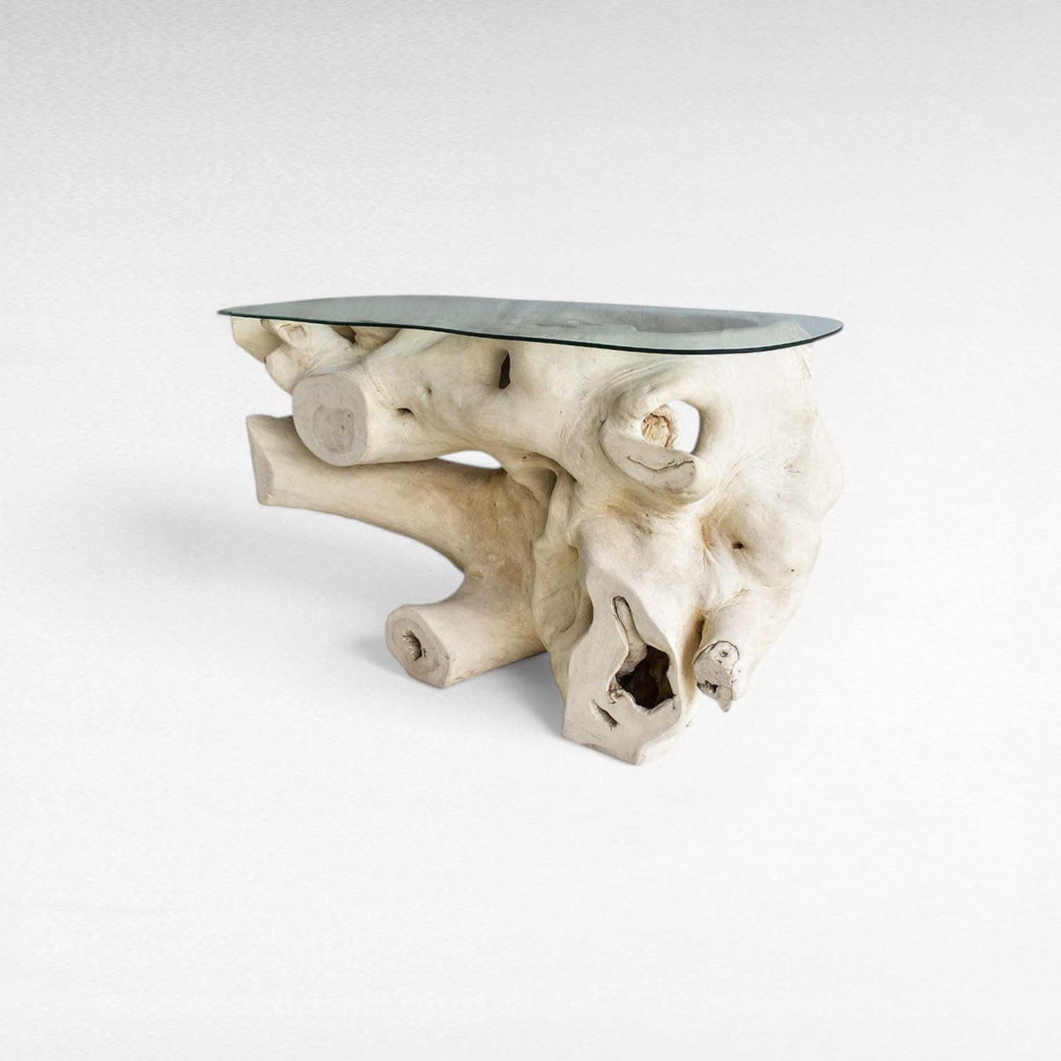 BLEACHED CARVED SUAR CONSOLE TABLE W/ GLASS 135x55x80cm - Chora Mykonos