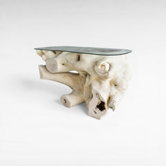 BLEACHED CARVED SUAR CONSOLE TABLE W/ GLASS 135x55x80cm - Chora Mykonos