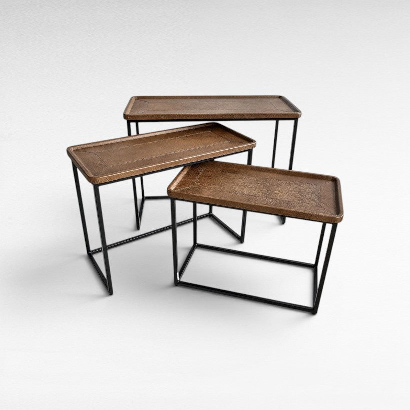 NESTING TABLE LEATHER IN BROWN FINISH SET OF 3 - Chora Mykonos