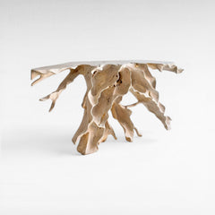 CARVED TEAK CONSOLE W/ GLASS - Chora Mykonos