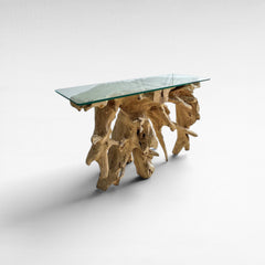 BLEACHED TEAK CONSOLE WITH GLASS 110x45x80cm - Chora Mykonos