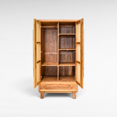 Chora Barefoot Luxury Living Viennesse rattan buffet with open doors showing interior wooden shelving and storage