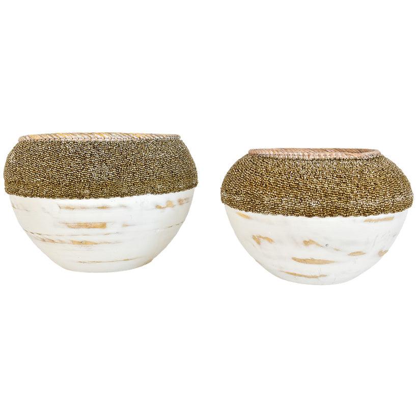 WOODEN BOWL WITH BEADS SET OF 2 - Chora Mykonos