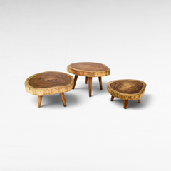 Chora Barefoot Luxury Living set of three natural wood live edge coffee tables with organic round shapes