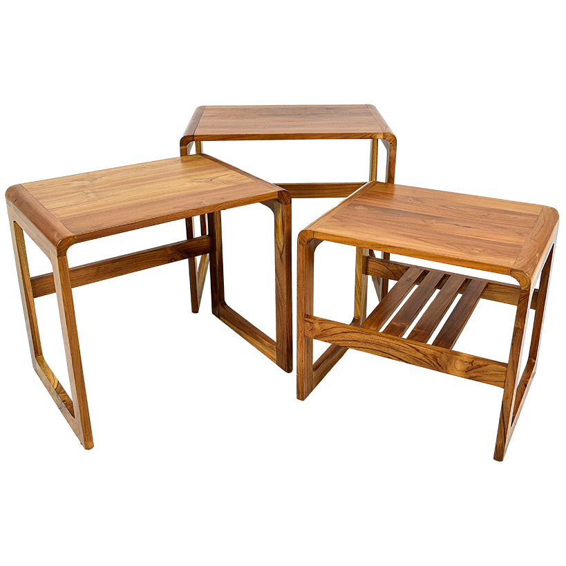 TEAK WOOD SIDE TABLES SET OF 3 W60 |D40 |H55 CM, W55 |D40 |H50 CM, W50 |D40 |H45 CM