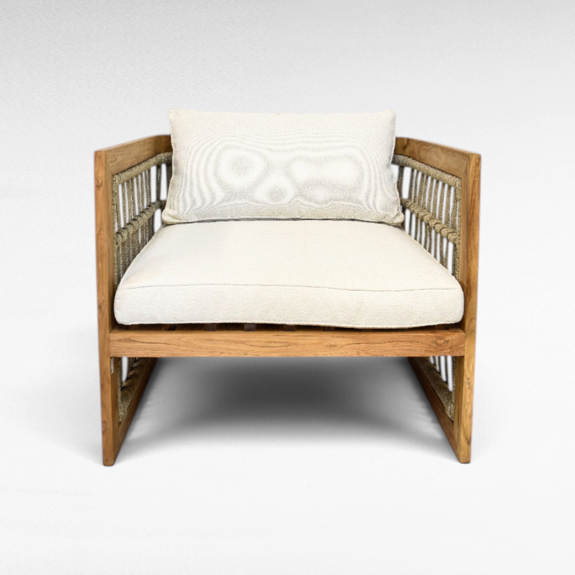 Chora Barefoot Luxury Living teak wood armchair with grey rope detailing and plush off-white cushions