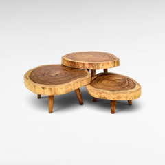 Chora Barefoot Luxury Living round natural wood slice coffee table set with organic live edge and tripod legs
