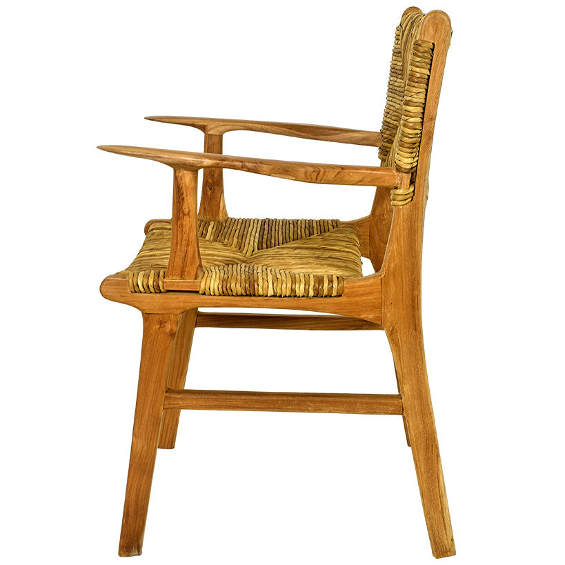 TEAK DINING CHAIR WITH NATURAL RAFFIA & ARM