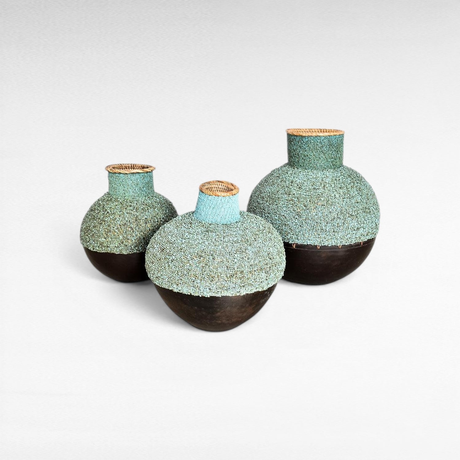 Set of 3 Rattan & Shell Vases - Chora Barefoot Luxury Living