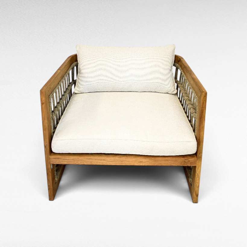 Chora Barefoot Luxury Living teak wood armchair with grey rope accents and plush off-white cushions