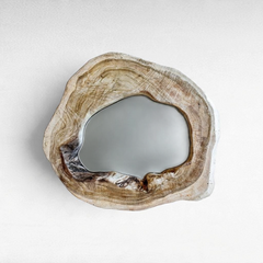 Chora Barefoot Luxury Living bleached suar wood mirror with organic live edge frame and natural wood grain patterns.
