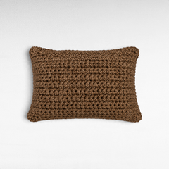 Chora Barefoot Luxury Living rectangular brown cotton rope throw pillow with a textured crochet-style knit pattern.