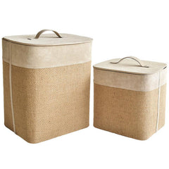BUSKET WITH LID IN SUEDE LEATHER AND JUTE IN BEIGE COLOR - Chora Mykonos