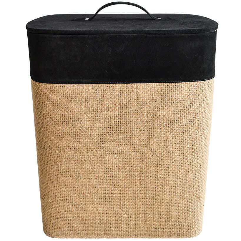 BASKET WITH LID IN SUEDE LEATHER AND JUTE IN BLACK COLOR - Chora Mykonos