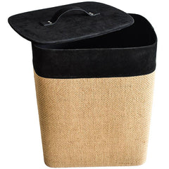 BASKET WITH LID IN SUEDE LEATHER AND JUTE IN BLACK COLOR - Chora Mykonos