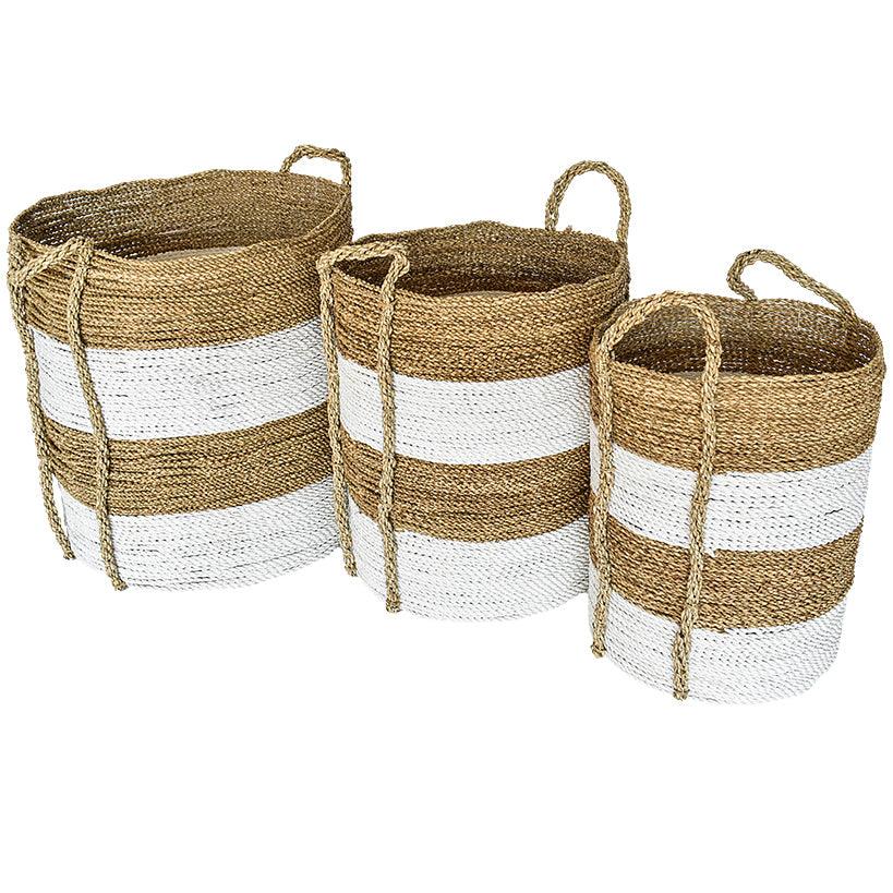 SYNTHETIC RATTAN BASKET SET OF 3 WHITE AND NATURAL