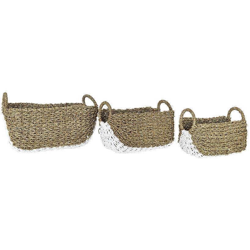 SYNTHETIC RATTAN RECTANGLE BASKET WITH WHITE DETAILS SET OF 3 - Chora Mykonos