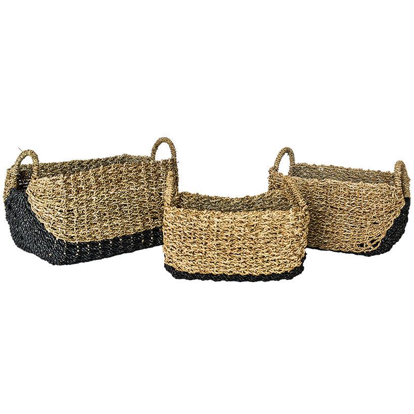 SYNTHETIC RATTAN RECTANGLE BASKET WITH BLACK DETAILS SET OF 3 36x23x21cm, 42x25x25cm, 50x30x26cm - Chora Mykonos