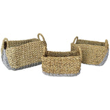 SYNTHETIC RATTAN RECTANGLE BASKET WITH GREY DETAILS SET OF 3 36x23x21cm, 42x25x25cm, 50x30x26cm - Chora Mykonos