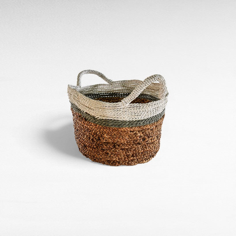 SET OF 3 BASKETS WATER HYCHIN NATURAL WHITE & BLUE 30/30/35 x 30/30/35 x 25/27/28