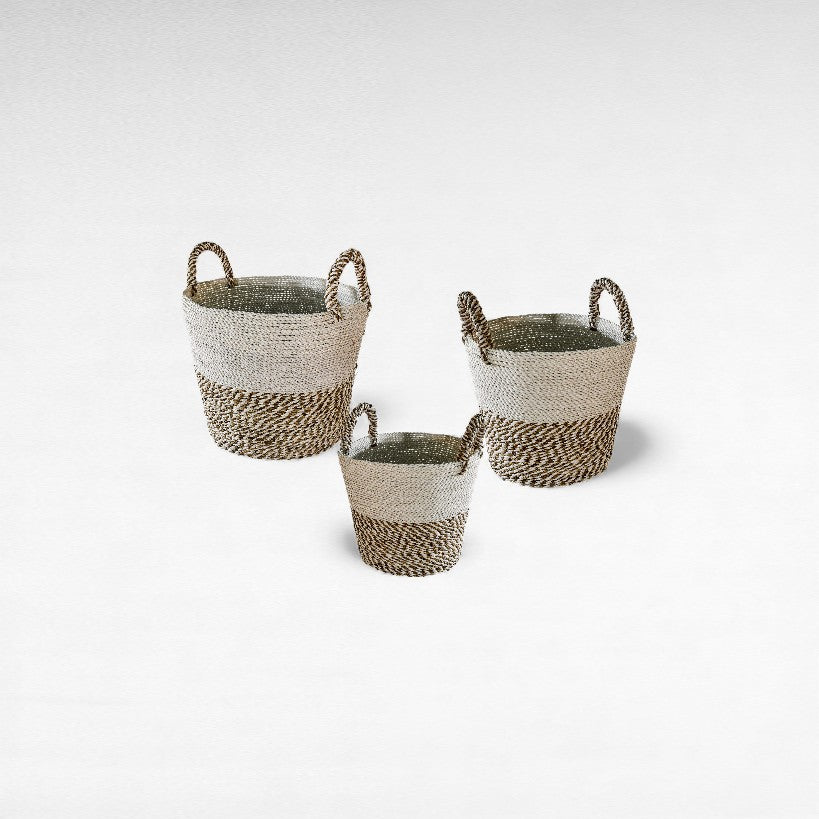 SET OF 3 BASKETS GRASS NATURAL & WHITE 34/35/40 x 34/35/40 x 30/33/35
