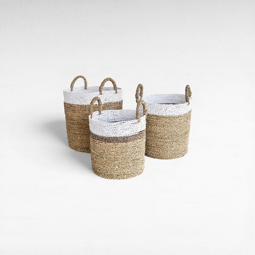 SET OF 3 BASKETS GRASS NATURAL & WHITE