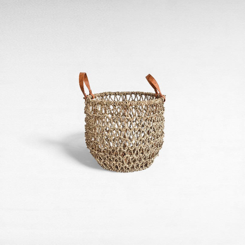 SET OF 3 BASKETS PANDAN LEAF NATURAL WITH LEATHER HANDLES