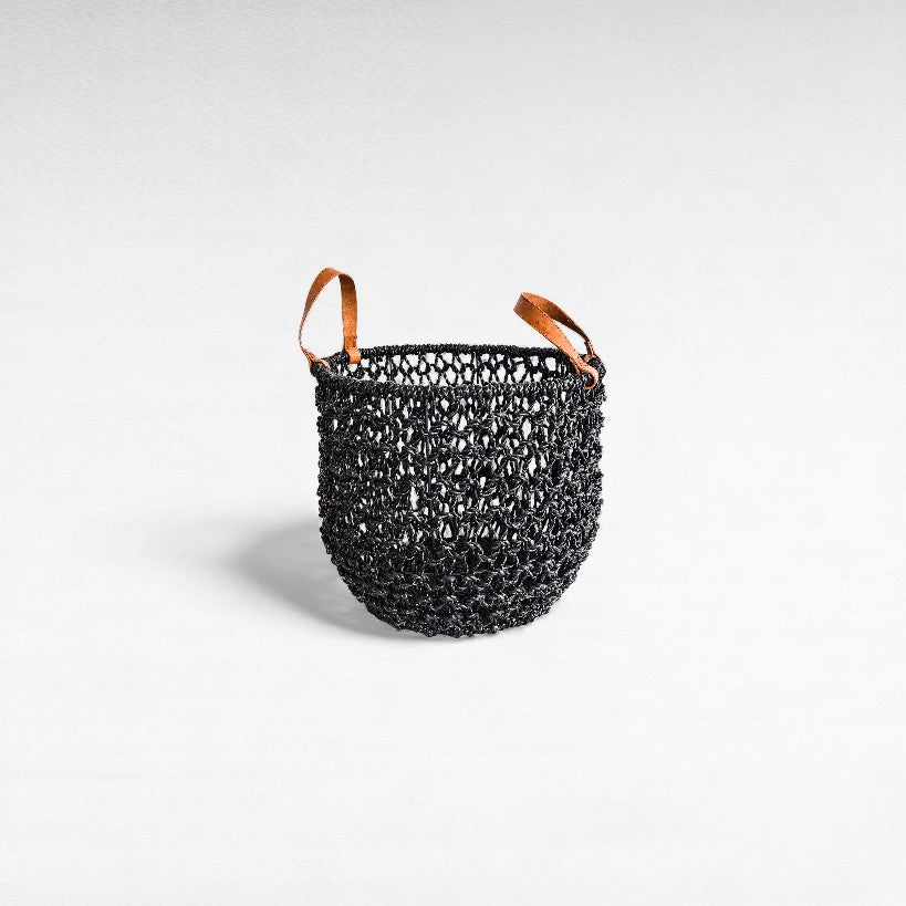 BASKETS PANDAN LEAF BLACK WITH LEATHER HANDLES SET OF 3