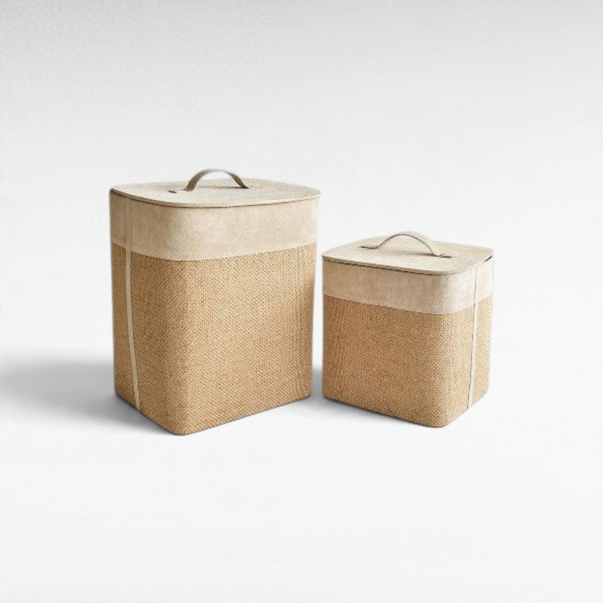 Chora Barefoot Luxury Living beige jute and suede leather storage baskets with lids in two sizes