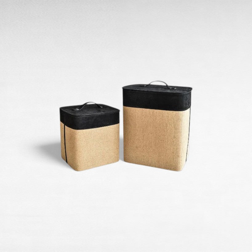 BASKET WITH LID IN SUEDE LEATHER AND JUTE IN BLACK COLOR