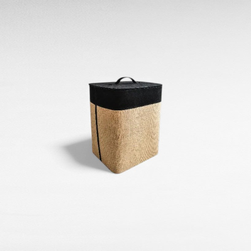BASKET WITH LID IN SUEDE LEATHER AND JUTE IN BLACK COLOR