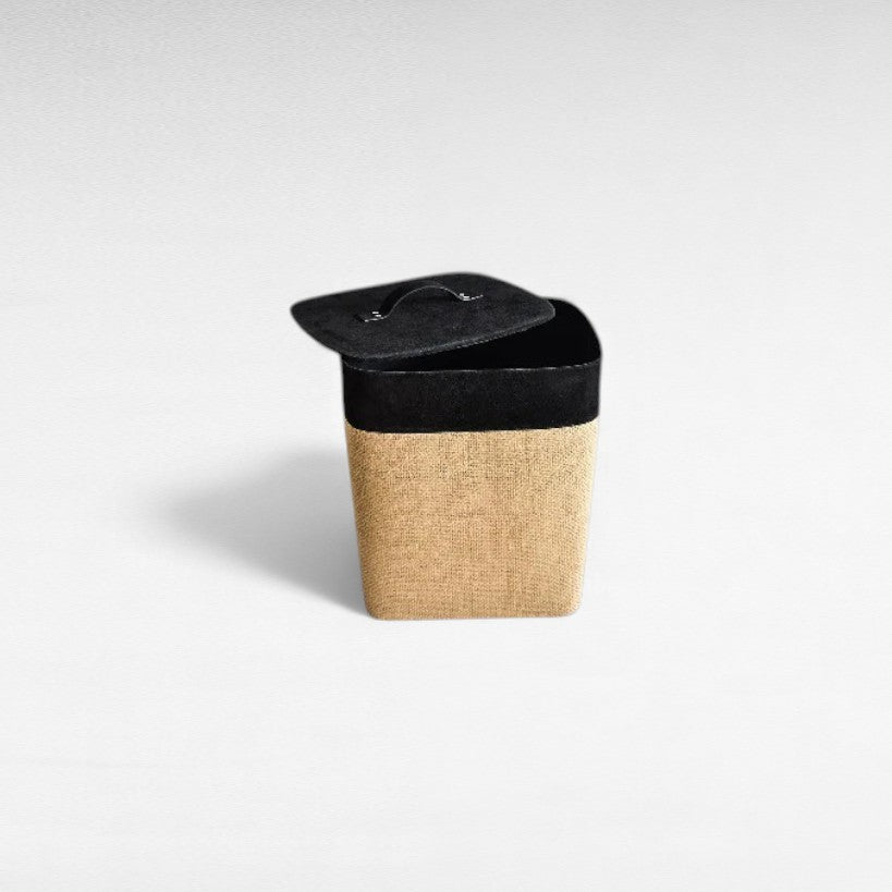 BASKET WITH LID IN SUEDE LEATHER AND JUTE IN BLACK COLOR