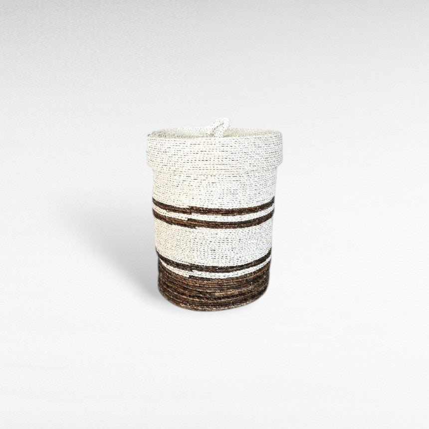 BASKET WITH LID SYNTHETIC RATTAN WHITE AND BROWN