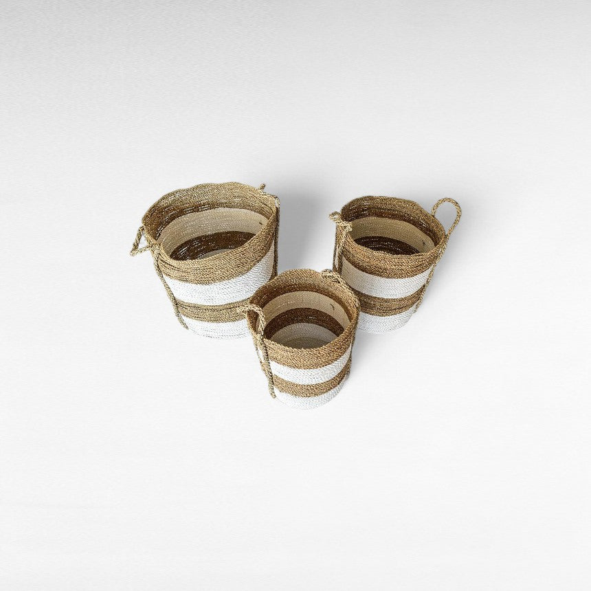 SYNTHETIC RATTAN BASKET SET OF 3 WHITE AND NATURAL