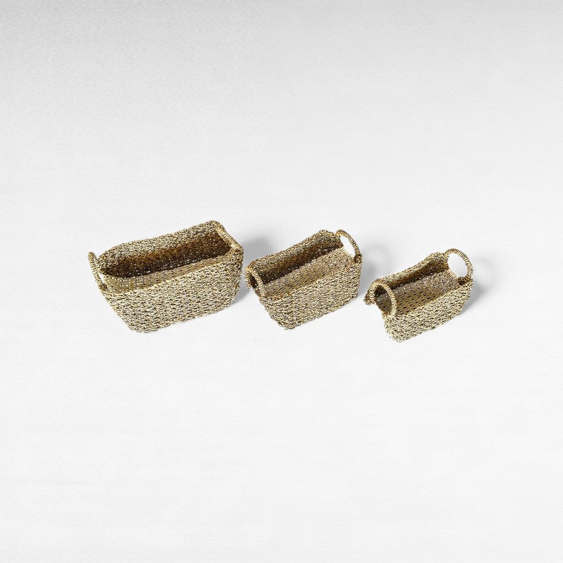 SYNTHETIC RATTAN RECTANGLE BASKET WITH WHITE DETAILS SET OF 3