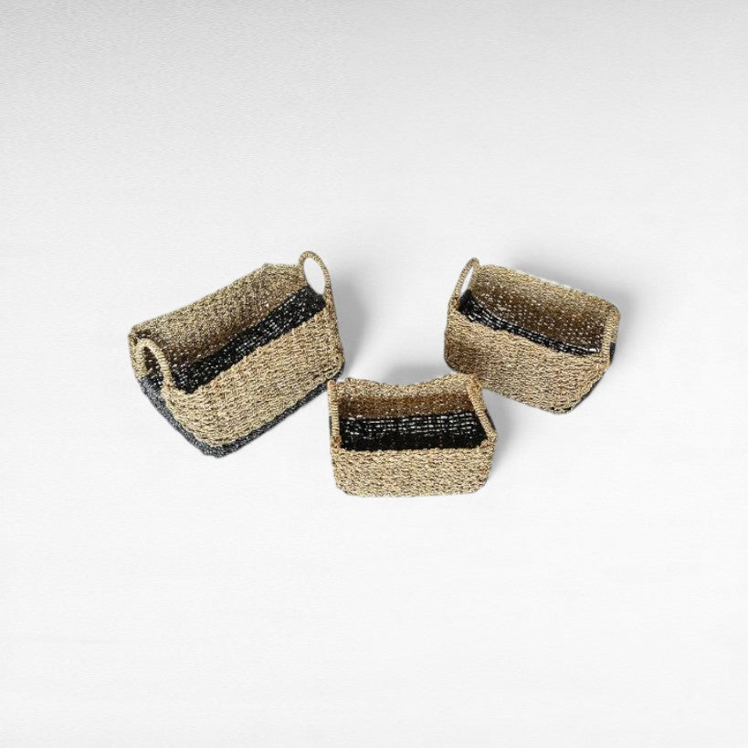 BASKETS SYNTHETIC RATTAN RECTANGLE WITH BLACK DETAILS SET OF 3