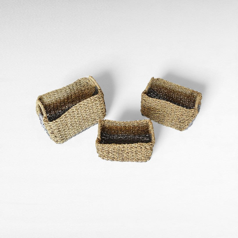 SYNTHETIC RATTAN RECTANGLE BASKET WITH GREY DETAILS SET OF 3