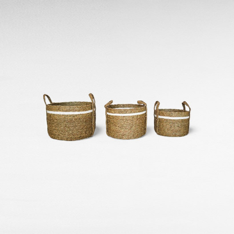 BANANA LEAF BASKET SET OF 3 WITH WHITE DETAIL