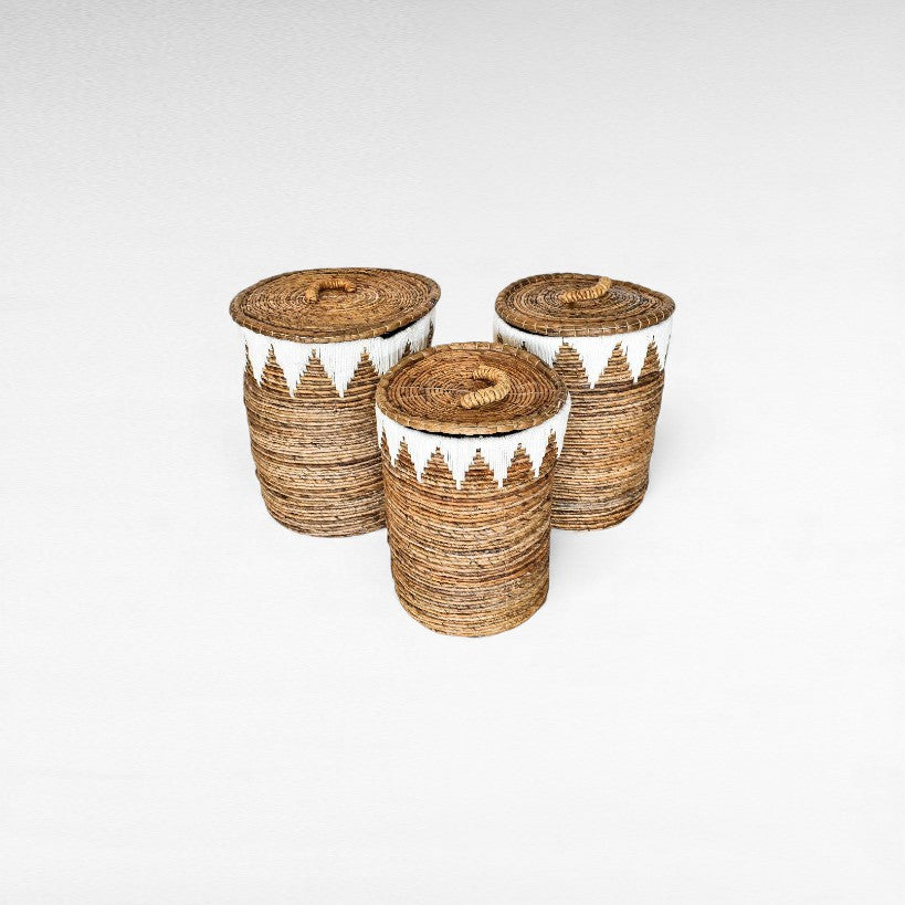BANANA LEAF BASKET WITH WIGHT MACRAME DETAILS SET OF 3 BLACK