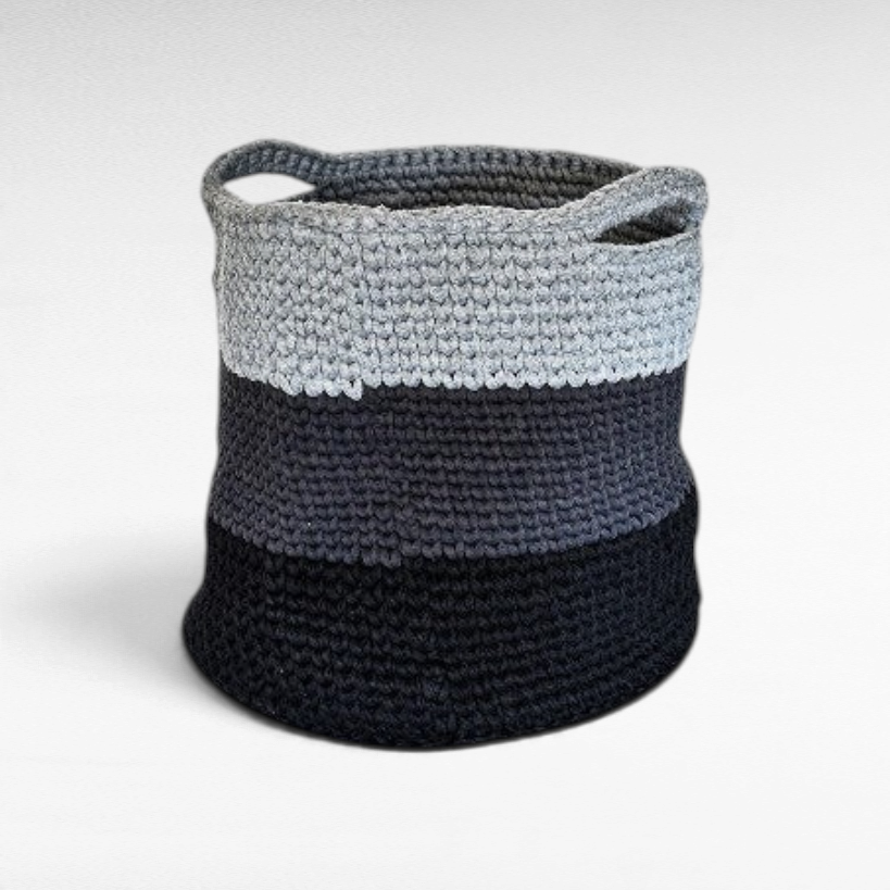 Chora Barefoot Luxury Living handmade cotton laundry basket in ombre grey and black tones with integrated handles.